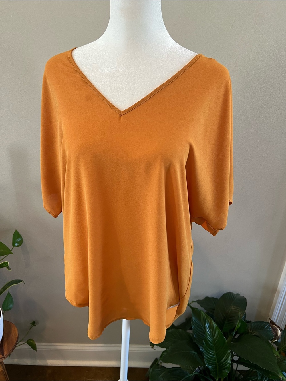 Oversized V-Neck Short Sleeve Top in Burnt Orange Mustard Yellow.